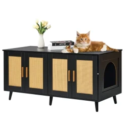 VEVOR Cat Litter Box Enclosure for 2 Cats, Litter Box Furniture Hidden with Rattan Decorated Doors, Wooden Cat Box Cabinet Fit Most of Litter Box, 47.2
