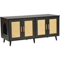 VEVOR Cat Litter Box Enclosure for 2 Cats, Litter Box Furniture Hidden with Rattan Decorated Doors, Wooden Cat Box Cabinet Fit Most of Litter Box, 47.2