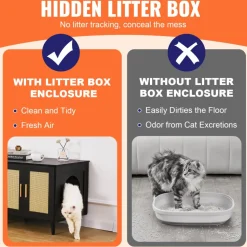 VEVOR Cat Litter Box Enclosure for 2 Cats, Litter Box Furniture Hidden with Rattan Decorated Doors, Wooden Cat Box Cabinet Fit Most of Litter Box, 47.2