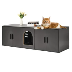 VEVOR Cat Litter Box Enclosure for 2 Cats, Litter Box Furniture Hidden with Double Rooms, Wooden Cat Box Cabinet Fit Most of Litter Box, 57.9