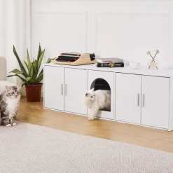 VEVOR Cat Litter Box Enclosure for 2 Cats, Litter Box Furniture Hidden with Double Rooms, Wooden Cat Box Cabinet Fit Most of Litter Box, 57.9"L x 18.3"W x 17.9"H, White