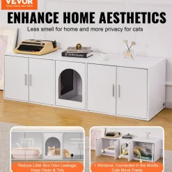 VEVOR Cat Litter Box Enclosure for 2 Cats, Litter Box Furniture Hidden with Double Rooms, Wooden Cat Box Cabinet Fit Most of Litter Box, 57.9