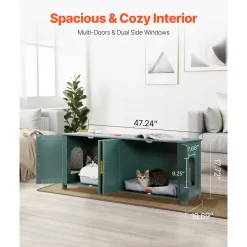 VEVOR Cat Litter Box Enclosure for Multi Cats, 47.2 in Hidden Litter Box Cabinet with 4 Rattan Doors & 2 Entries, Indoor Cat Washroom, Wooden Kitty House Furniture, Fit Most Litterboxes, Green