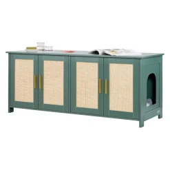 VEVOR Cat Litter Box Enclosure for Multi Cats, 47.2 in Hidden Litter Box Cabinet with 4 Rattan Doors & 2 Entries, Indoor Cat Washroom, Wooden Kitty House Furniture, Fit Most Litterboxes, Green
