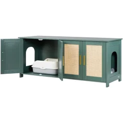 VEVOR Cat Litter Box Enclosure for Multi Cats, 47.2 in Hidden Litter Box Cabinet with 4 Rattan Doors & 2 Entries, Indoor Cat Washroom, Wooden Kitty House Furniture, Fit Most Litterboxes, Green
