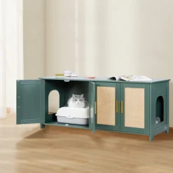 VEVOR Cat Litter Box Enclosure for Multi Cats, 47.2 in Hidden Litter Box Cabinet with 4 Rattan Doors & 2 Entries, Indoor Cat Washroom, Wooden Kitty House Furniture, Fit Most Litterboxes, Green