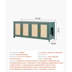 VEVOR Cat Litter Box Enclosure for Multi Cats, 47.2 in Hidden Litter Box Cabinet with 4 Rattan Doors & 2 Entries, Indoor Cat Washroom, Wooden Kitty House Furniture, Fit Most Litterboxes, Green