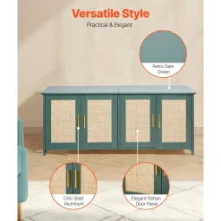 VEVOR Cat Litter Box Enclosure for Multi Cats, 47.2 in Hidden Litter Box Cabinet with 4 Rattan Doors & 2 Entries, Indoor Cat Washroom, Wooden Kitty House Furniture, Fit Most Litterboxes, Green