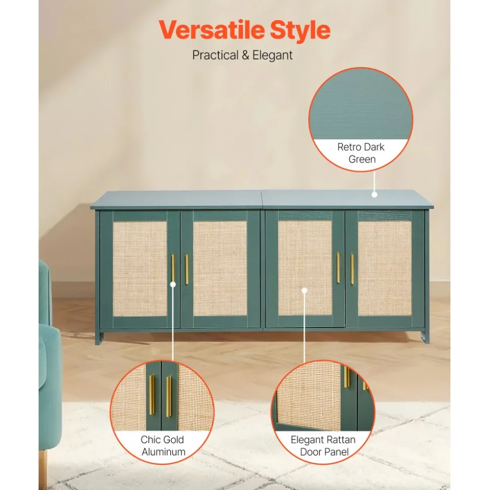 VEVOR Cat Litter Box Enclosure for Multi Cats, 47.2 in Hidden Litter Box Cabinet with 4 Rattan Doors & 2 Entries, Indoor Cat Washroom, Wooden Kitty House Furniture, Fit Most Litterboxes, Green
