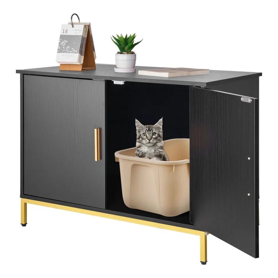 VEVOR Cat Litter Box Enclosure Furniture, 27.6 in Hidden Litter Box Cabinet with Metal Legs & Handle, Modern Style Cat Washroom House End Table, Fit Most of Litterbox, for Bedroom Living Room