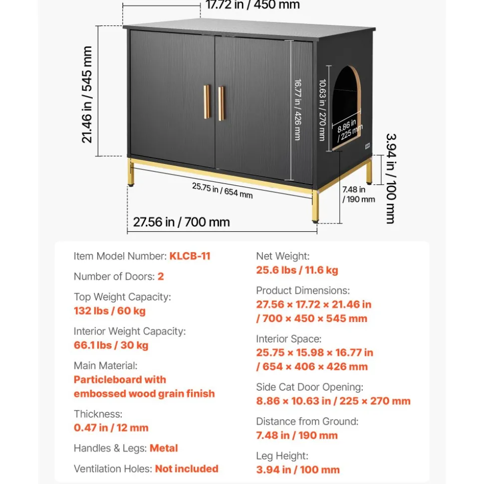 VEVOR Cat Litter Box Enclosure Furniture, 27.6 in Hidden Litter Box Cabinet with Metal Legs & Handle, Modern Style Cat Washroom House End Table, Fit Most of Litterbox, for Bedroom Living Room