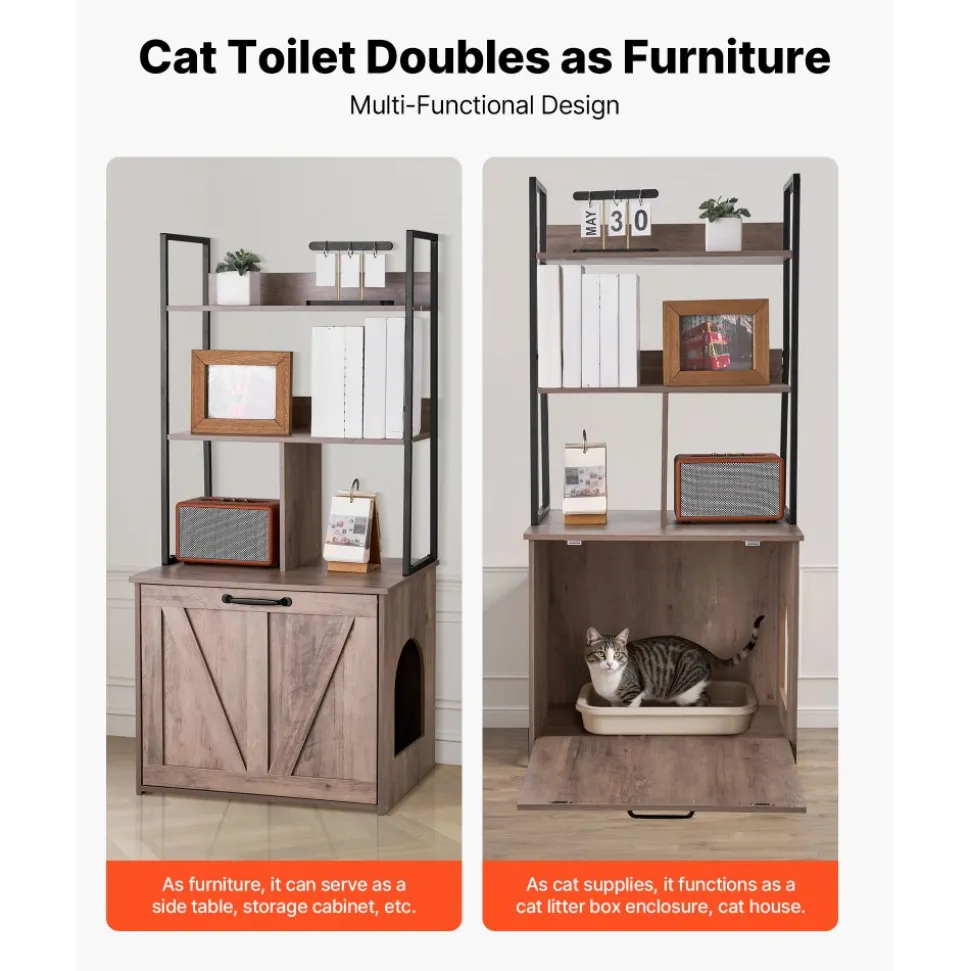 VEVOR Cat Litter Box Enclosure Furniture, 23.6 in Hidden Litter Box Cabinet with Storage Shelves, Modern Style, Waterproof Cat Washroom Side Table Cat House, Fit Most of Litterbox, for Living Room