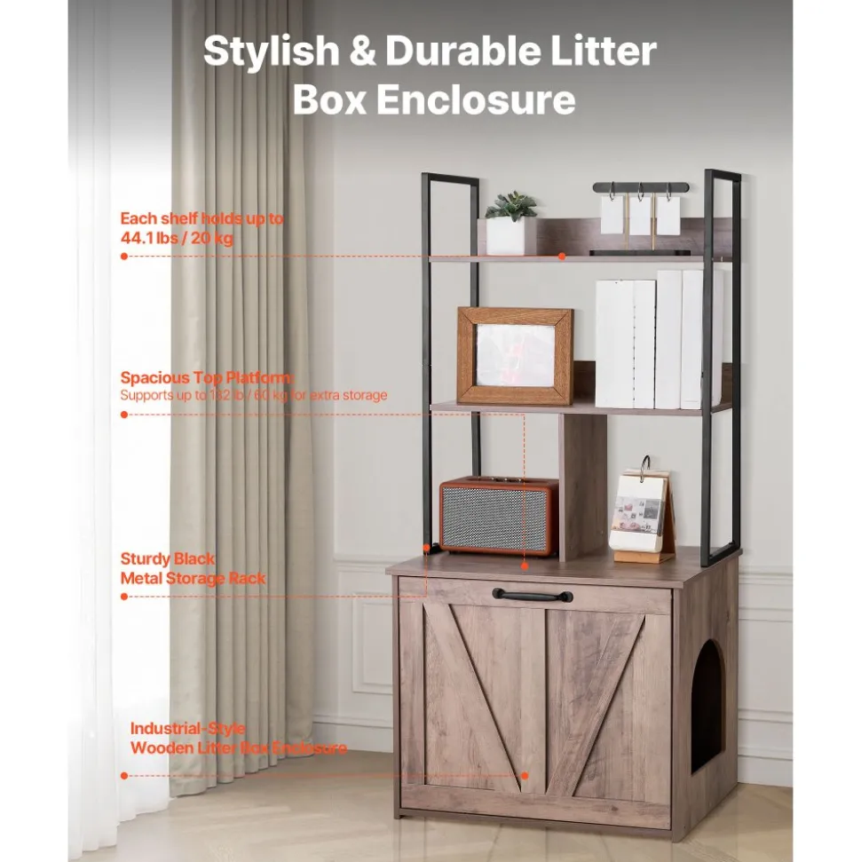 VEVOR Cat Litter Box Enclosure Furniture, 23.6 in Hidden Litter Box Cabinet with Storage Shelves, Modern Style, Waterproof Cat Washroom Side Table Cat House, Fit Most of Litterbox, for Living Room