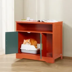 VEVOR Cat Litter Box Enclosure, 31 in Hidden Litter Box Cabinet with Shelf & Storage, Modern Style Indoor Cat Washroom, Wooden Kitty House Furniture End Table, Fit Most Litterboxes, Red & Green