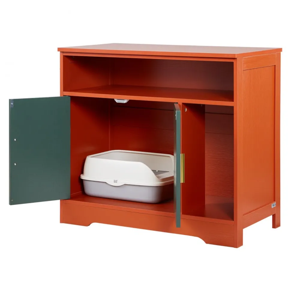VEVOR Cat Litter Box Enclosure, 31 in Hidden Litter Box Cabinet with Shelf & Storage, Modern Style Indoor Cat Washroom, Wooden Kitty House Furniture End Table, Fit Most Litterboxes, Red & Green