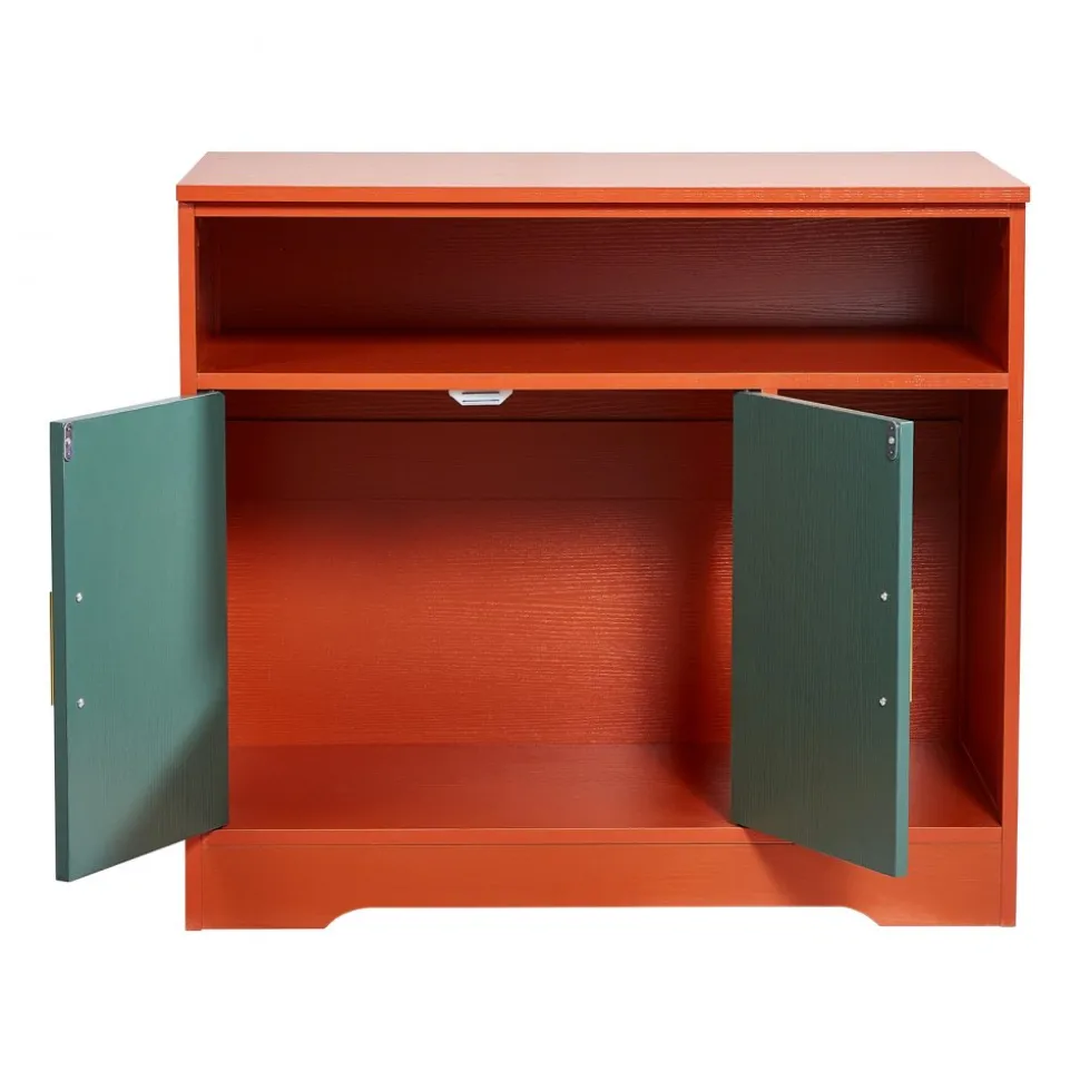 VEVOR Cat Litter Box Enclosure, 31 in Hidden Litter Box Cabinet with Shelf & Storage, Modern Style Indoor Cat Washroom, Wooden Kitty House Furniture End Table, Fit Most Litterboxes, Red & Green