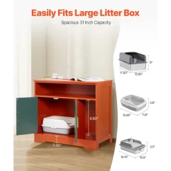 VEVOR Cat Litter Box Enclosure, 31 in Hidden Litter Box Cabinet with Shelf & Storage, Modern Style Indoor Cat Washroom, Wooden Kitty House Furniture End Table, Fit Most Litterboxes, Red & Green