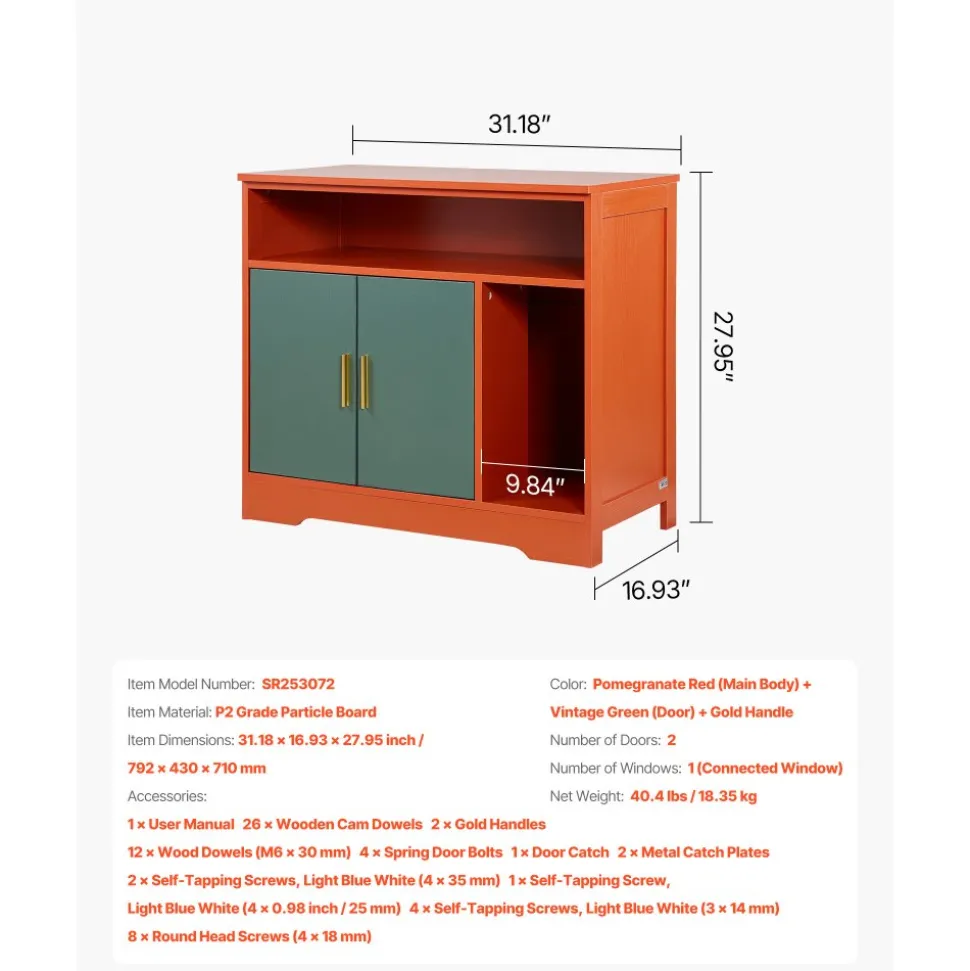 VEVOR Cat Litter Box Enclosure, 31 in Hidden Litter Box Cabinet with Shelf & Storage, Modern Style Indoor Cat Washroom, Wooden Kitty House Furniture End Table, Fit Most Litterboxes, Red & Green