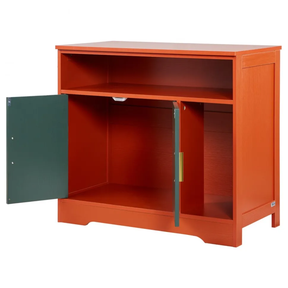 VEVOR Cat Litter Box Enclosure, 31 in Hidden Litter Box Cabinet with Shelf & Storage, Modern Style Indoor Cat Washroom, Wooden Kitty House Furniture End Table, Fit Most Litterboxes, Red & Green