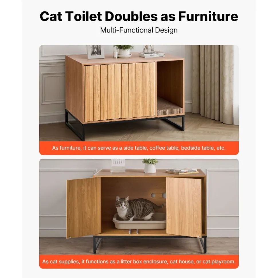 VEVOR Cat Litter Box Enclosure Furniture, 31.5 in Hidden Litter Box Cabinet with Scratch Pad & Storage, Waterproof Cat Washroom End Table Cat House, Fit Most of Litterbox, for Bedroom Living Room