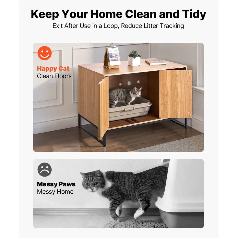 VEVOR Cat Litter Box Enclosure Furniture, 31.5 in Hidden Litter Box Cabinet with Scratch Pad & Storage, Waterproof Cat Washroom End Table Cat House, Fit Most of Litterbox, for Bedroom Living Room