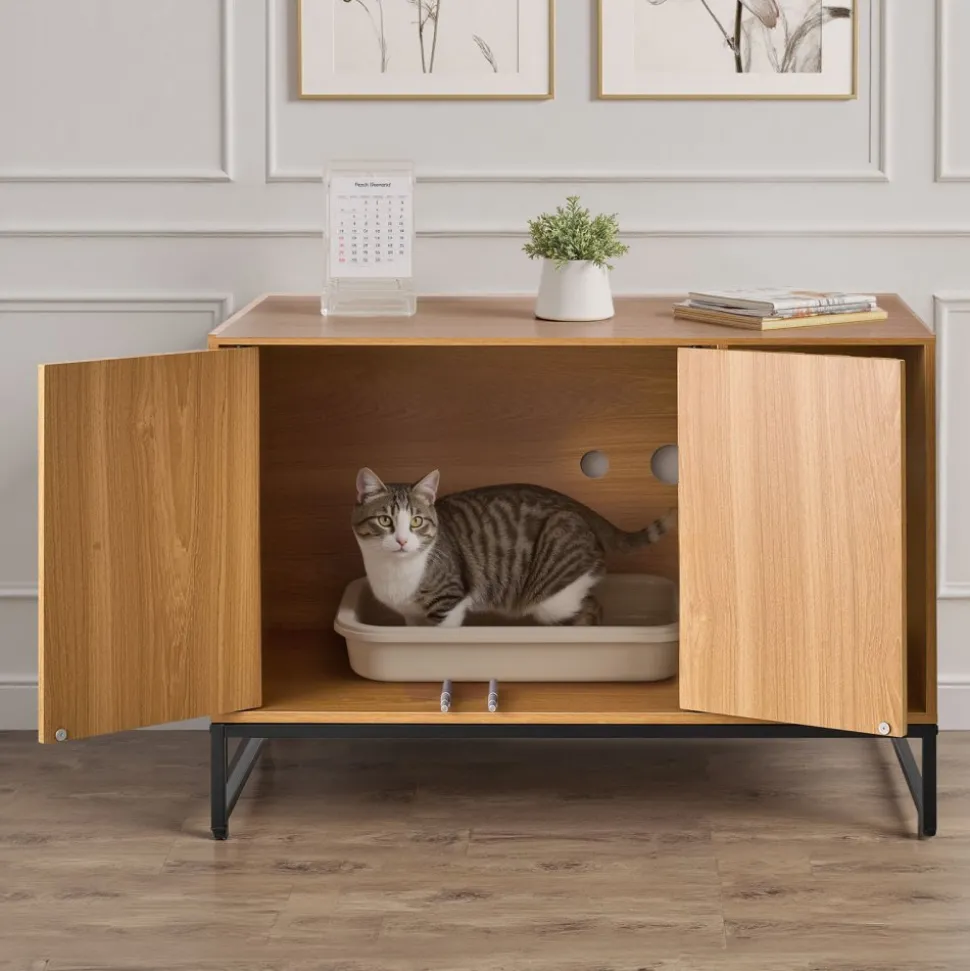 VEVOR Cat Litter Box Enclosure Furniture, 31.5 in Hidden Litter Box Cabinet with Scratch Pad & Storage, Waterproof Cat Washroom End Table Cat House, Fit Most of Litterbox, for Bedroom Living Room