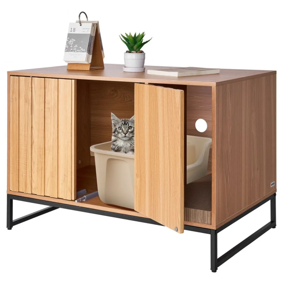 VEVOR Cat Litter Box Enclosure Furniture, 31.5 in Hidden Litter Box Cabinet with Scratch Pad & Storage, Waterproof Cat Washroom End Table Cat House, Fit Most of Litterbox, for Bedroom Living Room