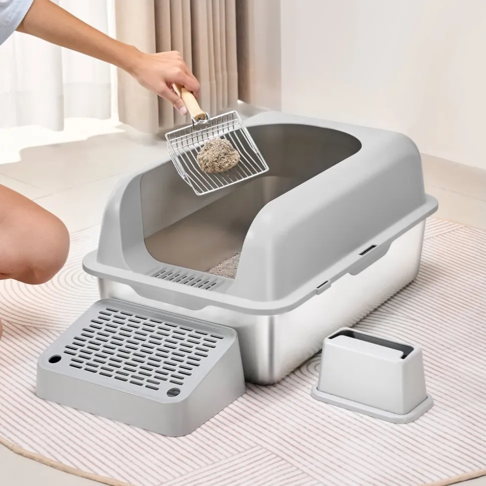 VEVOR Cat Litter Box, 6 inches Deep, XL Extra Large Stainless Steel Cat Litter Box with Scoop, Wide Filtering Foot Board & High Sides, Enclosed Odor-Free Easy-to-Clean Litter Box, Fit for Big Cats