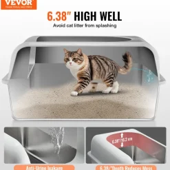 VEVOR Cat Litter Box, 6 inches Deep, XL Extra Large Stainless Steel Cat Litter Box with Scoop, Wide Filtering Foot Board & High Sides, Enclosed Odor-Free Easy-to-Clean Litter Box, Fit for Big Cats