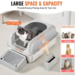 VEVOR Cat Litter Box, 6 inches Deep, XL Extra Large Stainless Steel Cat Litter Box with Scoop, Wide Filtering Foot Board & High Sides, Enclosed Odor-Free Easy-to-Clean Litter Box, Fit for Big Cats