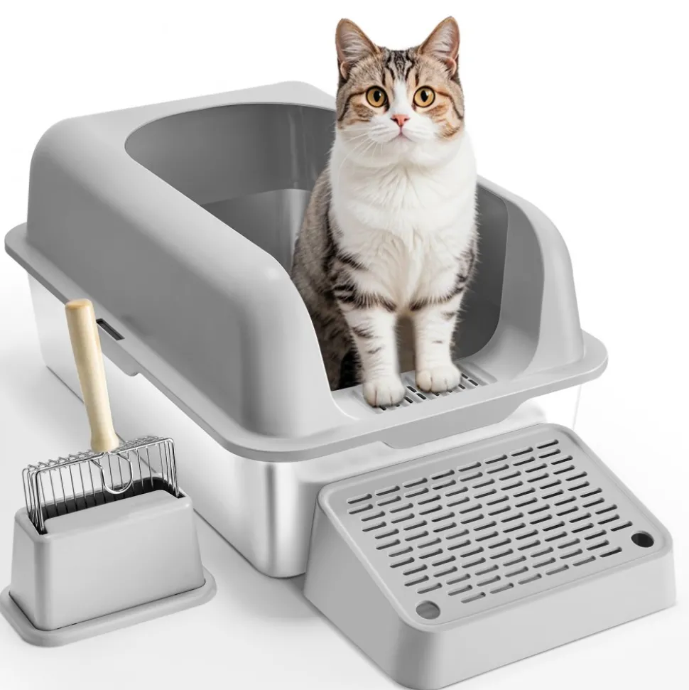 VEVOR Cat Litter Box, 6 inches Deep, XL Extra Large Stainless Steel Cat Litter Box with Scoop, Wide Filtering Foot Board & High Sides, Enclosed Odor-Free Easy-to-Clean Litter Box, Fit for Big Cats