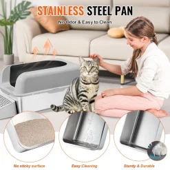 VEVOR Cat Litter Box, 6 inches Deep, XL Extra Large Stainless Steel Cat Litter Box with Scoop, Wide Filtering Foot Board & High Sides, Enclosed Odor-Free Easy-to-Clean Litter Box, Fit for Big Cats