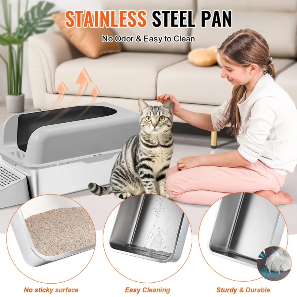 VEVOR Cat Litter Box, 6 inches Deep, XL Extra Large Stainless Steel Cat Litter Box with Scoop, Wide Filtering Foot Board & High Sides, Enclosed Odor-Free Easy-to-Clean Litter Box, Fit for Big Cats