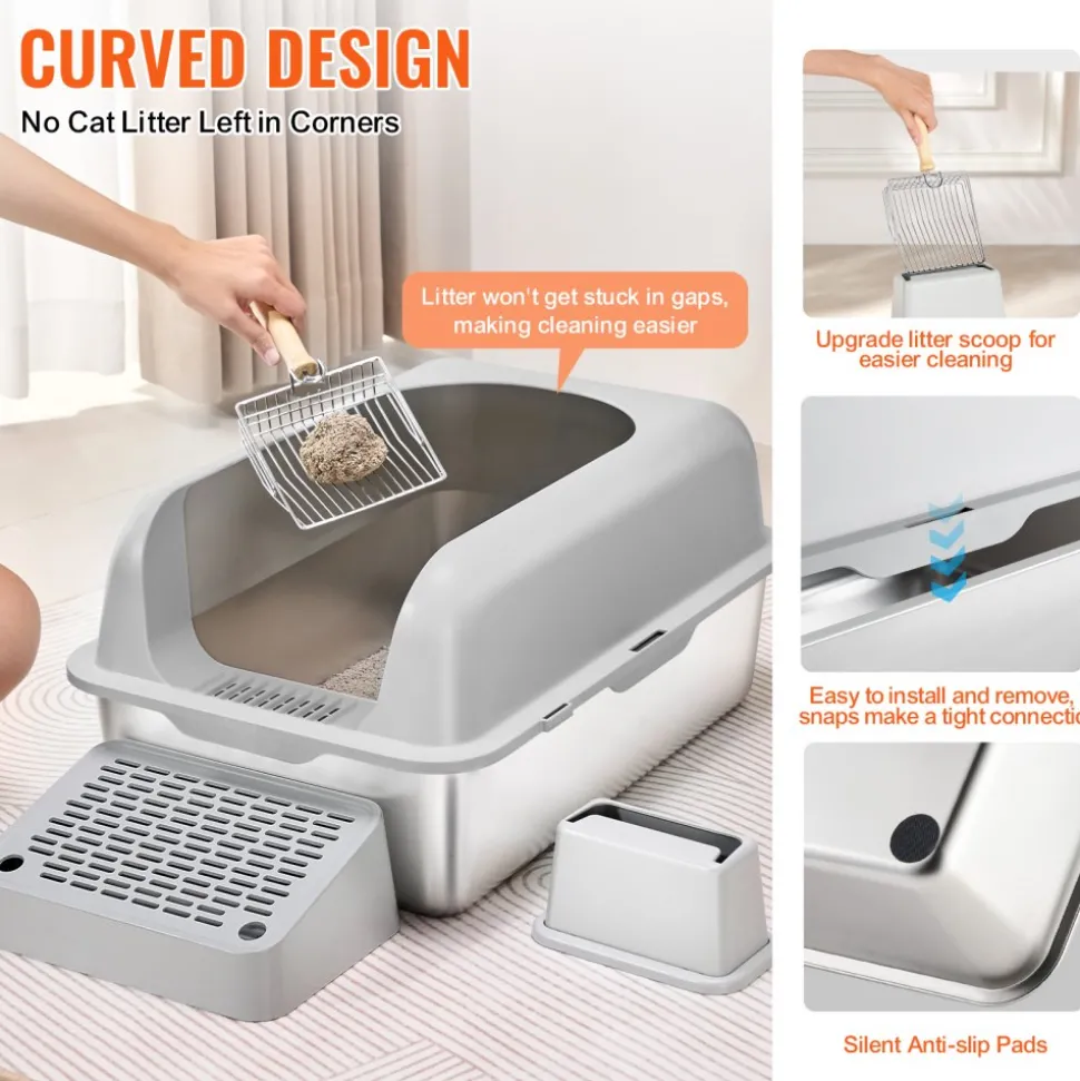 VEVOR Cat Litter Box, 6 inches Deep, XL Extra Large Stainless Steel Cat Litter Box with Scoop, Wide Filtering Foot Board & High Sides, Enclosed Odor-Free Easy-to-Clean Litter Box, Fit for Big Cats