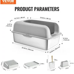 VEVOR Cat Litter Box, 6 inches Deep, XL Extra Large Stainless Steel Cat Litter Box with Scoop, Wide Filtering Foot Board & High Sides, Enclosed Odor-Free Easy-to-Clean Litter Box, Fit for Big Cats