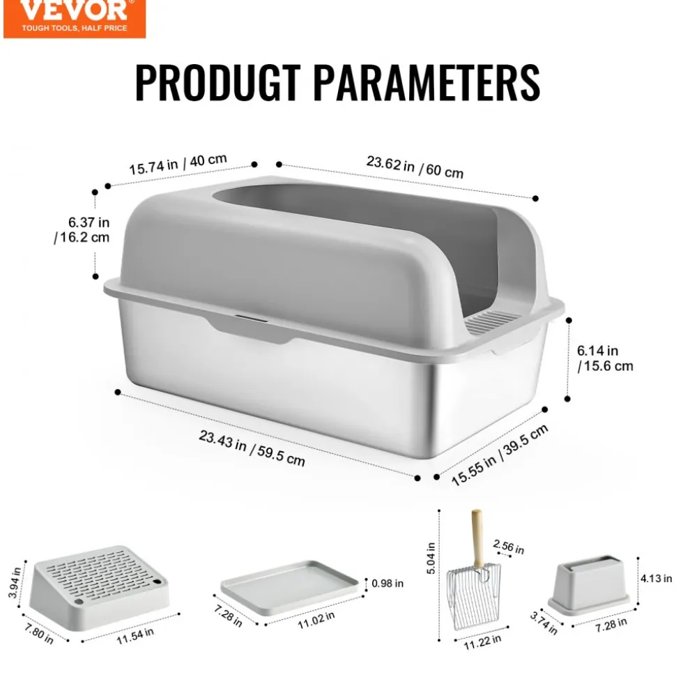 VEVOR Cat Litter Box, 6 inches Deep, XL Extra Large Stainless Steel Cat Litter Box with Scoop, Wide Filtering Foot Board & High Sides, Enclosed Odor-Free Easy-to-Clean Litter Box, Fit for Big Cats