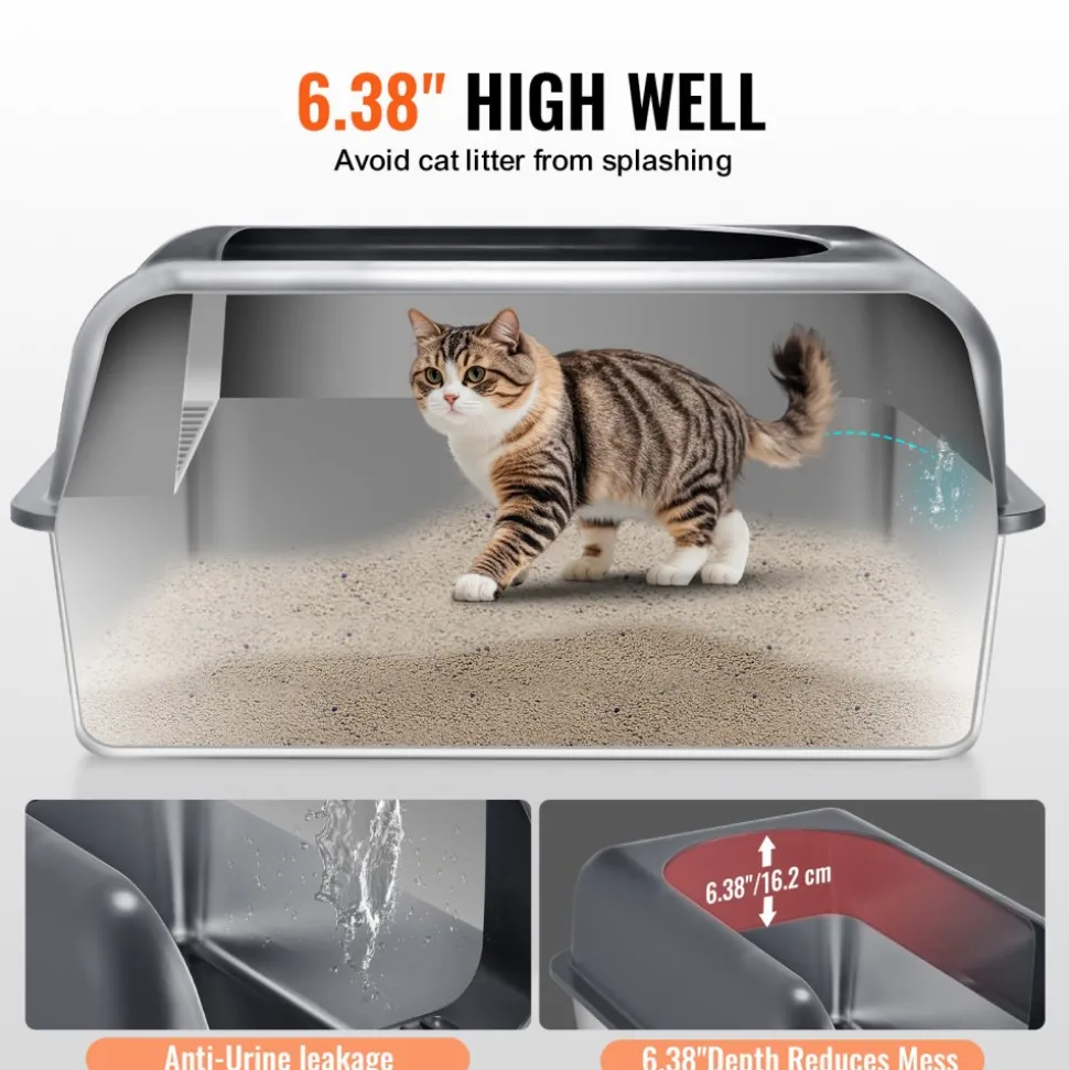 VEVOR Cat Litter Box, 6 inches Deep, XL Extra Large Stainless Steel Cat Litter Box with Scoop, Wide Filtering Foot Board & High Sides, Enclosed Odor-Free Easy-to-Clean Litter Box, Fit for Big Cats