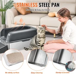 VEVOR Cat Litter Box, 6 inches Deep, XL Extra Large Stainless Steel Cat Litter Box with Scoop, Wide Filtering Foot Board & High Sides, Enclosed Odor-Free Easy-to-Clean Litter Box, Fit for Big Cats