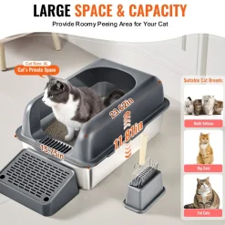 VEVOR Cat Litter Box, 6 inches Deep, XL Extra Large Stainless Steel Cat Litter Box with Scoop, Wide Filtering Foot Board & High Sides, Enclosed Odor-Free Easy-to-Clean Litter Box, Fit for Big Cats