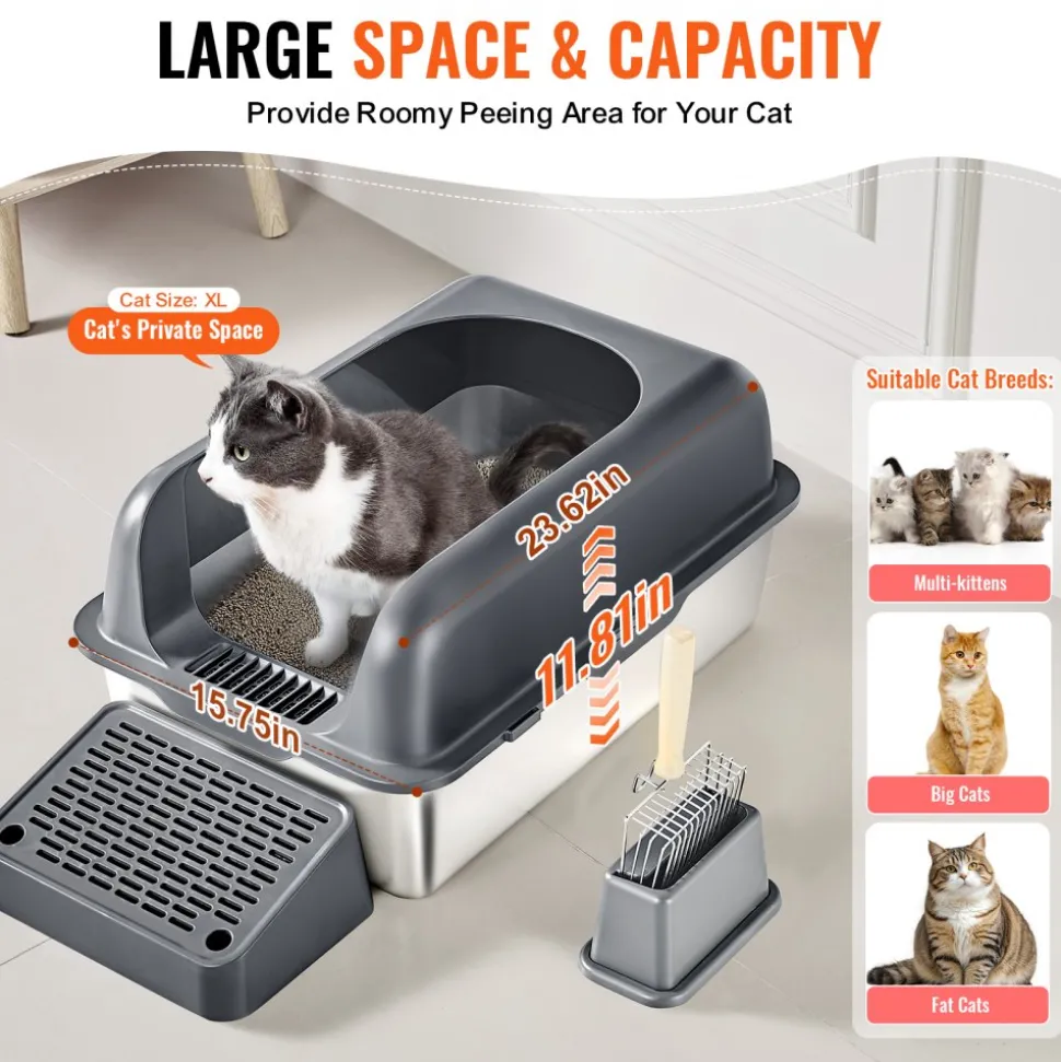 VEVOR Cat Litter Box, 6 inches Deep, XL Extra Large Stainless Steel Cat Litter Box with Scoop, Wide Filtering Foot Board & High Sides, Enclosed Odor-Free Easy-to-Clean Litter Box, Fit for Big Cats