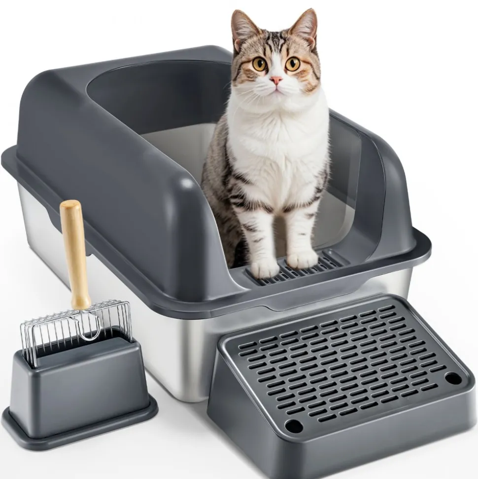 VEVOR Cat Litter Box, 6 inches Deep, XL Extra Large Stainless Steel Cat Litter Box with Scoop, Wide Filtering Foot Board & High Sides, Enclosed Odor-Free Easy-to-Clean Litter Box, Fit for Big Cats