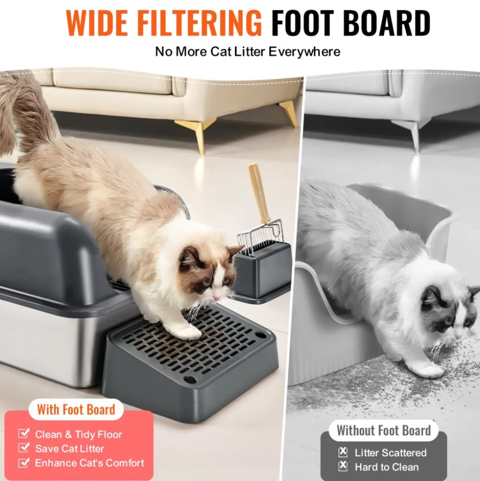 VEVOR Cat Litter Box, 6 inches Deep, XL Extra Large Stainless Steel Cat Litter Box with Scoop, Wide Filtering Foot Board & High Sides, Enclosed Odor-Free Easy-to-Clean Litter Box, Fit for Big Cats