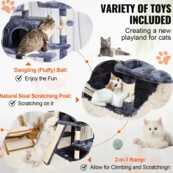 VEVOR Cat Tree for Indoor Cats, 68.5" Cat Tower with 2 Cat Condos, Sisal Scratching Post, Hammocks, Top Perches, Jumping Platforms and Ramp, Cat Furniture Activity Center with Hang Balls, Dark Grey