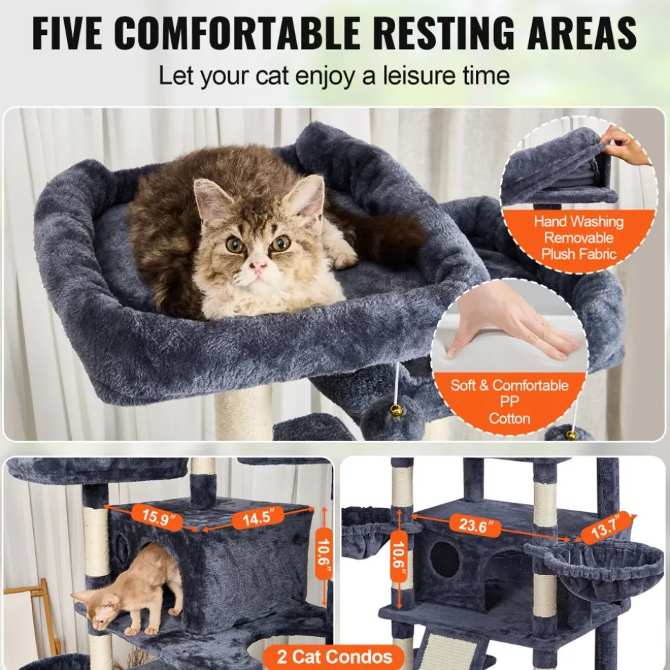 VEVOR Cat Tree for Indoor Cats, 68.5" Cat Tower with 2 Cat Condos, Sisal Scratching Post, Hammocks, Top Perches, Jumping Platforms and Ramp, Cat Furniture Activity Center with Hang Balls, Dark Grey