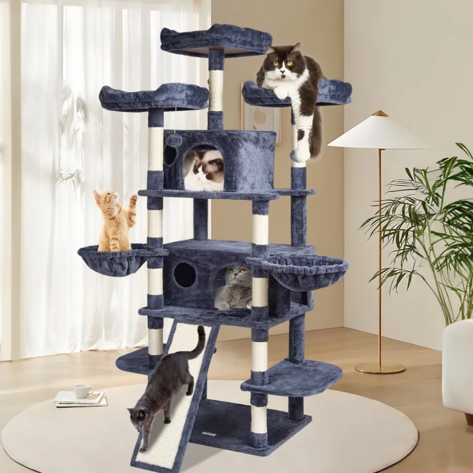 VEVOR Cat Tree for Indoor Cats, 68.5" Cat Tower with 2 Cat Condos, Sisal Scratching Post, Hammocks, Top Perches, Jumping Platforms and Ramp, Cat Furniture Activity Center with Hang Balls, Dark Grey