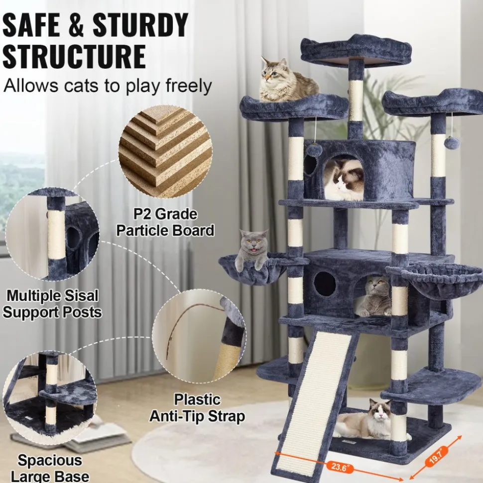VEVOR Cat Tree for Indoor Cats, 68.5" Cat Tower with 2 Cat Condos, Sisal Scratching Post, Hammocks, Top Perches, Jumping Platforms and Ramp, Cat Furniture Activity Center with Hang Balls, Dark Grey