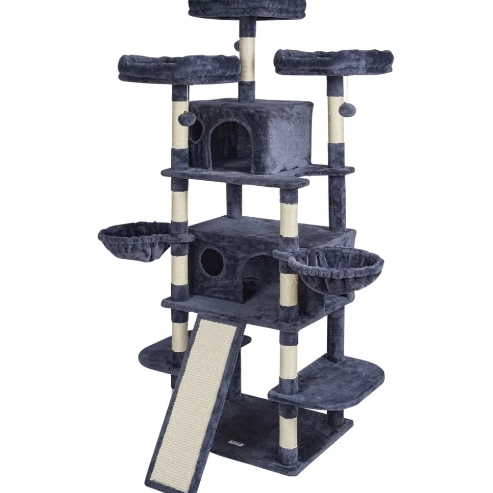 VEVOR Cat Tree for Indoor Cats, 68.5" Cat Tower with 2 Cat Condos, Sisal Scratching Post, Hammocks, Top Perches, Jumping Platforms and Ramp, Cat Furniture Activity Center with Hang Balls, Dark Grey