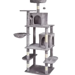 VEVOR Cat Tree for Indoor Cats, 68.5" Cat Tower with 2 Cat Condos, Sisal Scratching Post, Hammock, Top Perch, Jumping Platforms, Large Cat Furniture Activity Center with Hang Ball, Light Grey