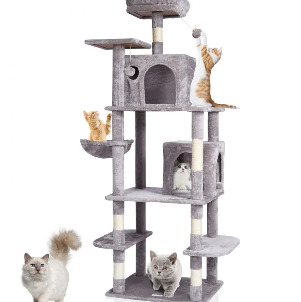 VEVOR Cat Tree for Indoor Cats, 68.5" Cat Tower with 2 Cat Condos, Sisal Scratching Post, Hammock, Top Perch, Jumping Platforms, Large Cat Furniture Activity Center with Hang Ball, Light Grey