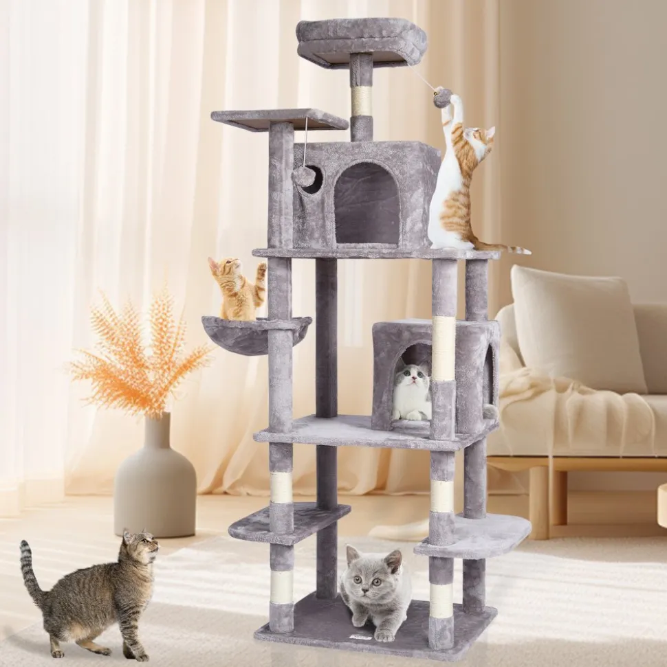 VEVOR Cat Tree for Indoor Cats, 68.5" Cat Tower with 2 Cat Condos, Sisal Scratching Post, Hammock, Top Perch, Jumping Platforms, Large Cat Furniture Activity Center with Hang Ball, Light Grey